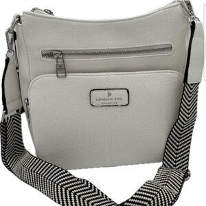 London Fog White Crossbody Bag with Black And White Chevron Strap